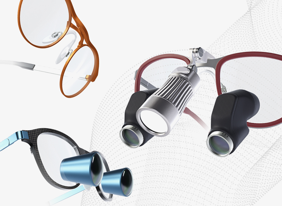 ExamVision 3D loupe creator viser Kepler Reflekt lupbrille med lys, Galilean HD på den grå baggrund